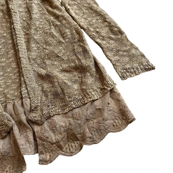 Umgee USA Mocha Lace Trim Open Front Cardigan Sweater M - Picture 3 of 5
